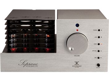 Amplificator hi-fi cu tuburi Synthesis Soprano alu argintiu, carcasă din aluminiu perlat, 6 tuburi, butoane, conectori