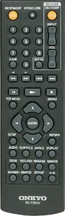 Sort Onkyo RC-725DV fjernbetjening med grå knapper og display, set forfra i tæt optagelse på ensfarvet grå baggrund