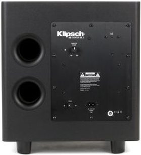 Sort Klipsch SB-3 soundbar, set forfra, med to runde højttalere og et centralt kontrolpanel