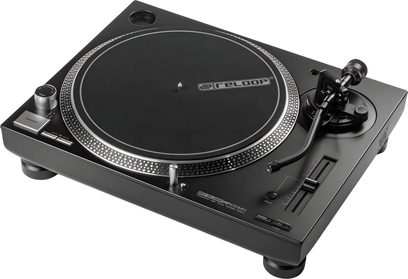 Вініловий DJ-програвач Reloop RP 5000 MK4 чорного кольору, алюмінієвий диск із сріблястим кантом, S-подібний тонарм і бічний пітч-фейдер