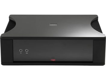 Ampli intégré stéréo Rega Solis noir, façade minimaliste avec boutons veille et mute, vue de face