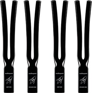 Tillbehör för kabel Rocket 33 strumpa, 4-pack svart, gaffelformad med inskriptionerna "AMP END" och "SPEAKER END"