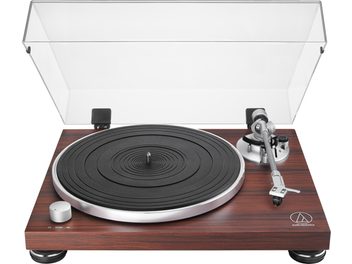 Tocadiscos de vinilo de alta fidelidad Audio Technica AT-LPW50BTRW, chasis de madera, cubierta transparente, plato negro, brazo recto plateado
