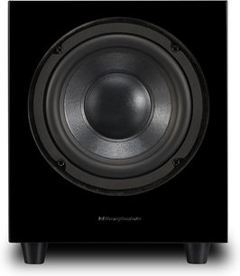 Wharfedale D8 sort subwoofer, kubisk form, central rund højttaler, 4 synlige skruer