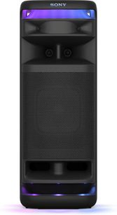 Prenosný bluetooth reproduktor Sony ULT TOWER 10, pohľad spredu, čierna mriežka, logo hore, modré a fialové LED osvetlenie