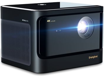 Dangbei Mars Pro 4K ultra HD-videoprojektor, sort, kompakt, set forfra og fra siden, linse og højttaler synlige