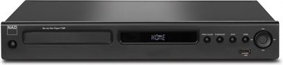 NAD T 557 sort Blu-ray-afspiller, frontpanel med "HOME"-display, USB- og HDMI-porte, kontrolknapper og diskskuffe