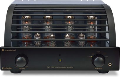 Amplificatore a valvole PrimaLuna EVO 200 nero, vista frontale, 8 valvole, 4 potenziometri, selettore, prese per cuffie e ausiliarie