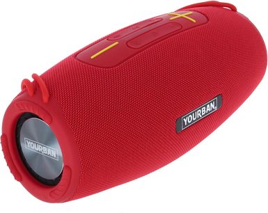 Bluetooth-højttaler Yourban Getone 45 rød, set fra trekvart vinkel, cylindrisk form, rødt stof, gule knapper, synligt logo