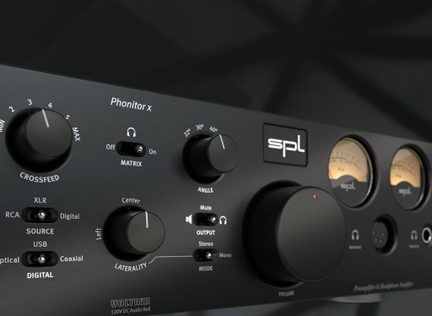 Czarna panel z pokrętłami obrotowymi, przełącznikami, logo "SPL", dwoma podświetlanymi okrągłymi wskaźnikami i białymi oznaczeniami technicznymi
