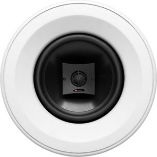 Boston Acoustics HSi480 loftsindbygget højttaler set forfra, sort højttaler, cirkulær hvid grill