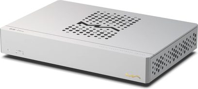 Matrix Audio SS‑1 Pro -alumiininen switch-splitter, vaaleanharmaa, kolmen neljäsosan oikea etuviistokuva, yläkannessa laaja pyöreiden reikien ritilä M-kuviolla, sileä etupaneeli LED-valolla ja kultaisella logolla, oikea sivu myös rei’itetty
