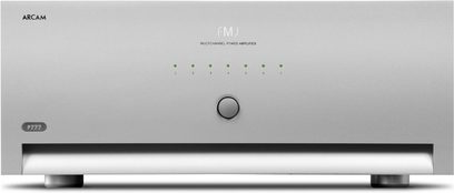 Arcam FMJ P777 silver hi-fi power amplifier, front view, brushed metal chassis, central knobs