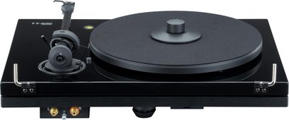 Music Hall MMF 5.3 sort pladespiller, set ovenfra. Mat sort pladedrev, tonarm med pickup, knapper og kontakt