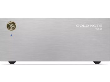Atskiras hi-fi maitinimo šaltinis Gold Note PST-10, sidabrinis, su šlifuoto aliuminio priekine panele, auksiniu logotipu ir mėlyna LED indikacija