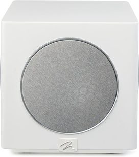 MartinLogan Abyss 8 subwoofer wit satijn met grijze ronde grille aan de voorkant en mat witte afwerking