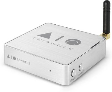 Netzwerk-Audioplayer Triangle AIO Connect aus gebürstetem Aluminium, Draufsicht mit Logo und Betriebstaste