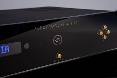 Hi-fi stereo zesilovač Electrocompaniet ECI-6 MKII černý, částečný pohled zepředu, pozlacené konektory, svítící modrá LED dioda
