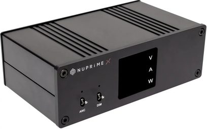 Hi-Fi napájecí zdroj Nuprime SiGa Power75 černý, pohled zepředu, s displejem a tlačítkem ANC/DIM