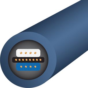 Cavo audio analogico RCA Wireworld Oasis 10 RCA 1m, sezione circolare, guaina blu, conduttori interni bianco, nero, blu, connettori dorati