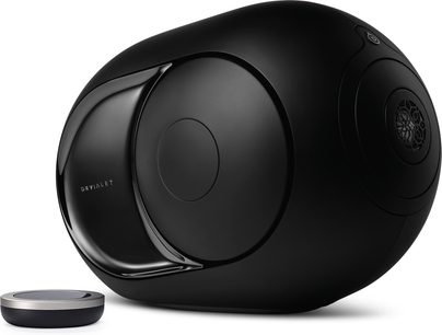 Бездротова підключена колонка DEVIALET PHANTOM I 108 DB хром, сферична форма чорного глянцевого кольору, бічні динаміки сріблястого кольору