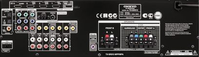 Czarny amplituner kina domowego Onkyo TX-SR313, widok od tyłu, złącza audio/wideo, antena FM, głośniki, zasilanie sieciowe