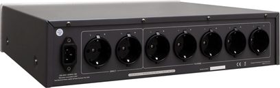 Taga Harmony PF-2000 sølvfarvet strømforsyning, frontpanel med 6 stikkontakter, afbryder og indikatorlys