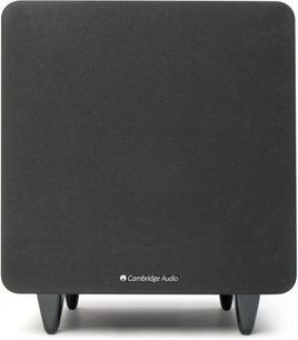 Cambridge Audio Minx X500 sort subwoofer i sort, kubisk, afrundede hjørner, mat sort gitter foran, hvidt logo