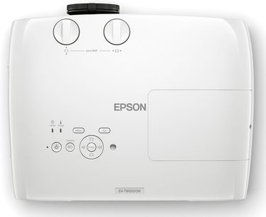 Epson EH-TW6600W hvid videoprojektor, set forfra, med to justeringsknapper og et kontrolpanel med knapper