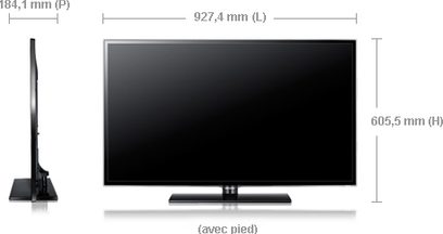 Samsung UE40ES5500 højdefinitions-tv, set forfra, skærm slukket, på fod, med dimensioner i millimeter
