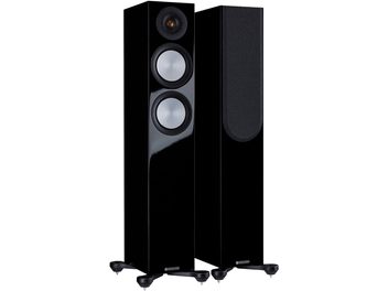 Monitor Audion Silver 200 7G -tornilokaarit, musta lakkaus, etunäkymä, diskanttikaiutin ja kaksi keskibasso-kaiutinta