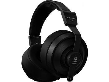Final DX4000 CL sort hi-fi-hodetelefon, polstret hodebøyle, store teksturerte, rundt-øret-øreklokker sett fra siden