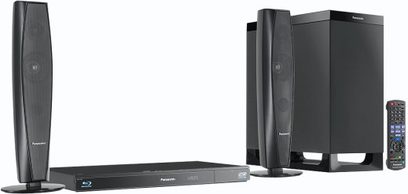 Sort Panasonic SC-BTT362EGK hjemmebiografsystem bestående af to højttalersøjler, en subwoofer og en Blu-ray-afspiller