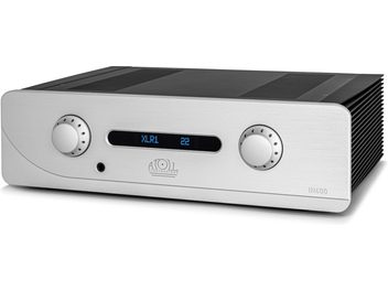 Hi-fi stereo forstærker Atoll Electronique IN400 Evolution sølv, set forfra, 2 cirkulære knapper, centralt display, glat overflade