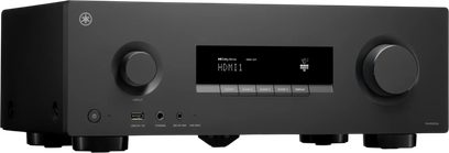 Yamaha RX500A hjemmekinoforsterker i svart, sett forfra med HDMI-skjerm, knapper og to dreiehjul