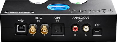Convertitore audio DAC Qutest nero, vista posteriore, connettori USB, BNC, ottico, uscite analogiche RCA, porta alimentazione