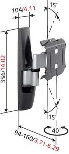 Vogel's EFW 6225 sort vægbeslag, set fra siden med mål i millimeter, drejeligt armsystem foldet sammen