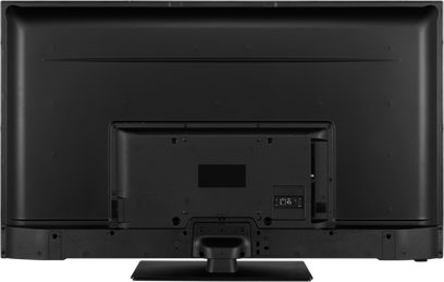 Bagside af Panasonic TX-55JX610E TV, med synlige tilslutninger og fod, slukket skærm, sort plastikkabinettet