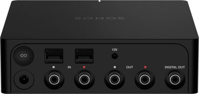 Lettore audio di rete Sonos Port nero, vista frontale, con prese audio ed Ethernet, pulsante e spia luminosa