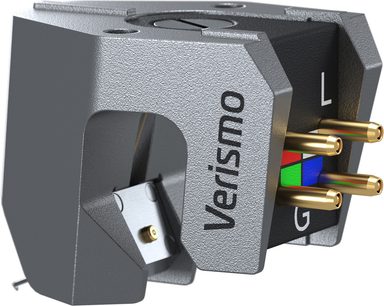 Cellulă pick-up Ortofon MC VERISMO, vedere în perspectivă, corp gri, 4 conectori aurii, inscripție "Verismo"