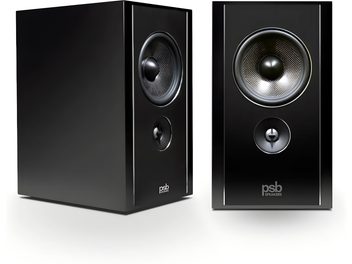Акустичні системи PSB Synchrony B600, корпуси з чорного лаку, вуфер з плетеним конусом і твіттер, вигляд спереду та з 3/4