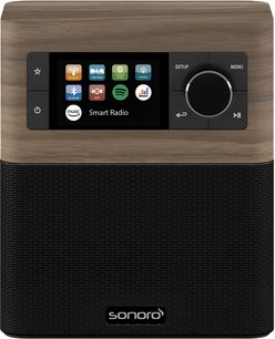 Радіо Sonoro Smart Radio у виконанні горіх і чорний колір, вид спереду, екран з написом "Smart Radio", кнопки та колесо на передній панелі
