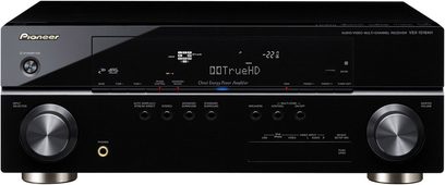 Pioneer VSX-1019 sort home cinema-forstærker, sort front med LCD-skærm, mange forgyldte knapper, ventilationsåbninger på toppen