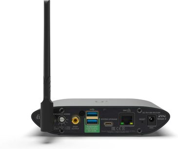 Síťový audio přehrávač iFi Audio Zen Stream 3 zezadu, s Wi‑Fi anténou a USB, Ethernet, SPDIF a napájecími konektory