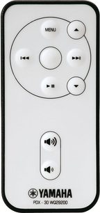 Hvid Yamaha PDX-30 WP29300 fjernbetjening med knapper til at styre lydstyrke, afspilning og menu