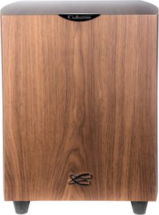 Cabasse Orion subwoofer i valnøddetræ, rektangulær, træ, sort front, koniske fødder, minimalistisk design