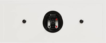 Централен високоговорител Monitor Audio Bronze 7G Centre в бял цвят, бял MDF корпус, заден изглед с кръгла черна конекторна плочка с четири червени и черни клемни закачалки