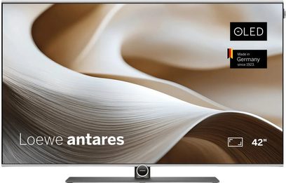 Loewe Antares 42-tommers OLED-fladskærms-tv, sølvfarvet ramme og sort og grå centralfod