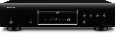 Denon DBT-1713UD sort 4K Blu-ray-afspiller, set forfra, blå LED-display, knapper og stik på forsiden