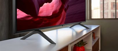 Samsung QE65Q64R-tv, der viser et rødviolet blomsterbillede, placeret på et lyst træmøbel foran et vindue